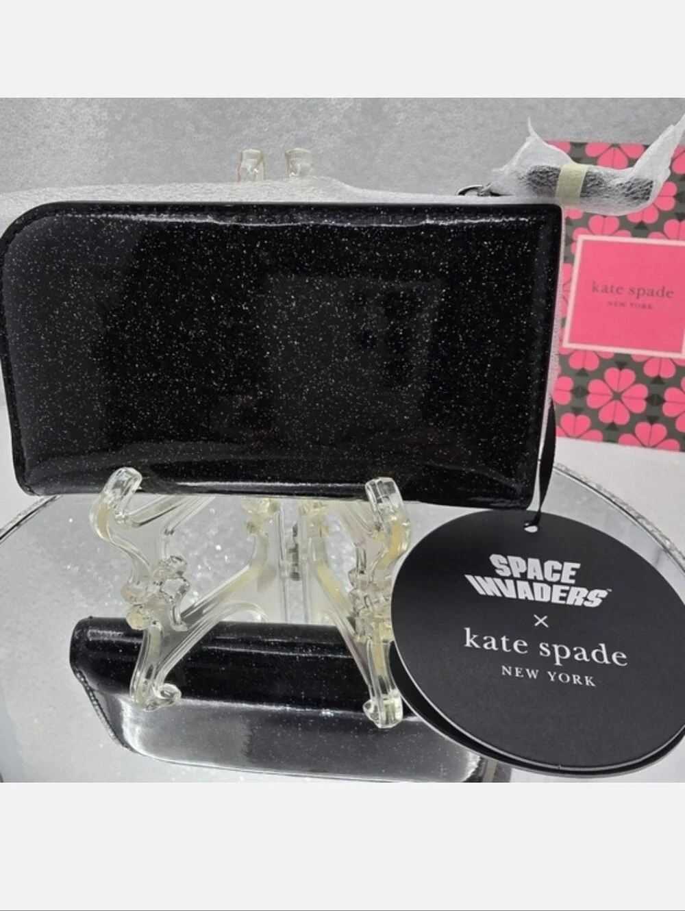 Space Invaders Kate Spade New York Glitter Black Patent Leather Sm Bifold Wallet